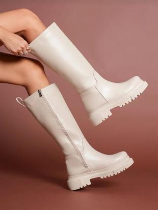 Nesil Shoes Toz 1978 Bej Fermuarlı Günlük Kadın Çizme