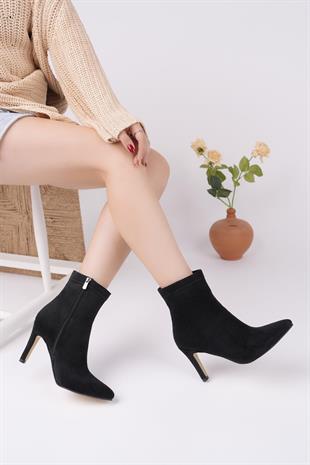 Nesil Shoes Uraz 420 Siyah Süet Fermuarlı İnce Topuklu Kadın Bot