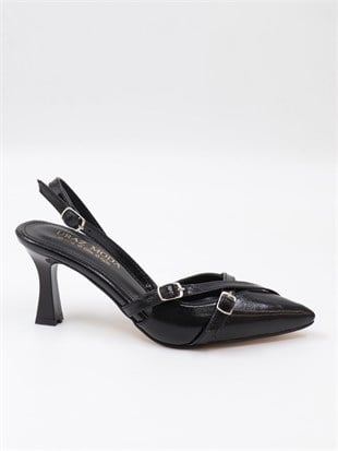 Nesil Shoes Uraz 500 Siyah Rugan Çift Toka Kadın Sandalet
