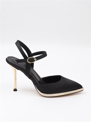 Nesil Shoes Uraz 600 Siyah Saten Altın Topuklu Kadın Sandalet