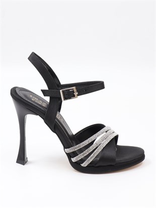 Nesil Shoes Uraz 650 Siyah Saten Topuklu Kadın Sandalet