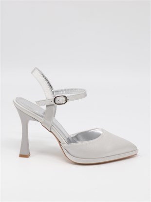 Nesil Shoes Uraz 775 Gümüş Saten Arkası Açık Topuklu Kadın Ayakkabı