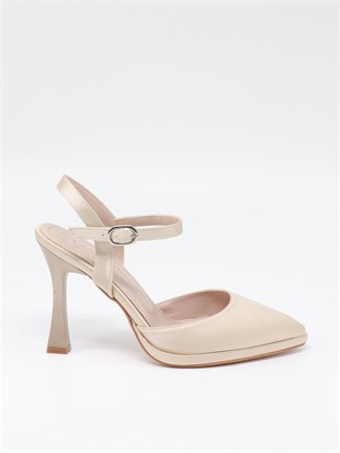 Nesil Shoes Uraz 775 Ten Saten Arkası Açık Topuklu Kadın Ayakkabı