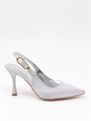 Nesil Shoes Uraz 800 Gümüş Saten Arkası Açık Topuklu Kadın Ayakkabı