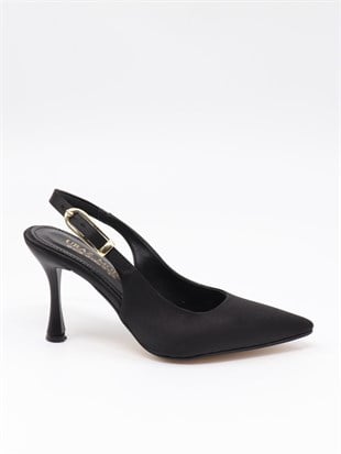 Nesil Shoes Uraz 800 Siyah Saten Arkası Açık Topuklu Kadın Ayakkabı