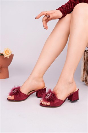 Nesil Shoes Whip 120 Bordo Tüylü Taşlı Abiye Kadın Terlik