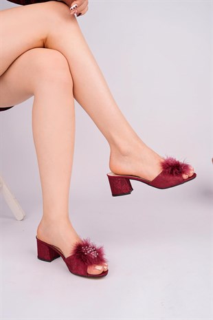 Nesil Shoes Whip 120 Bordo Tüylü Taşlı Abiye Kadın Terlik