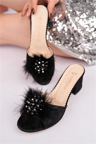 Nesil Shoes Whip 120 Siyah Tüylü Taşlı Abiye Kadın Terlik