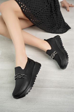 Nesil Shoes Wiss 1130 Siyah Strech Taşlı Kadın Ayakkabı