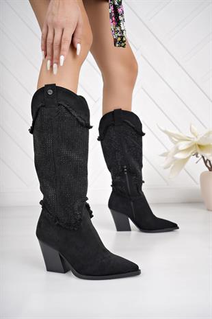 Pierre Cardin 11164 Siyah Süet Yarım Fermuarlı Taşlı Kadın Çizme