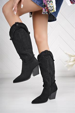 Pierre Cardin 11164 Siyah Süet Yarım Fermuarlı Taşlı Kadın Çizme