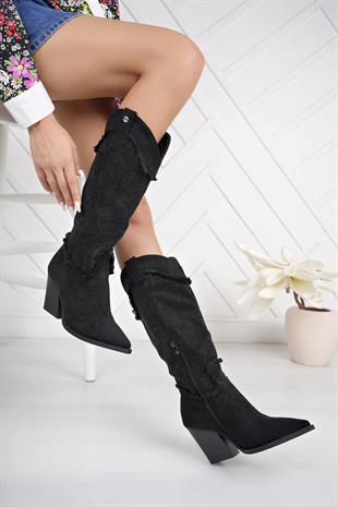 Pierre Cardin 11164 Siyah Süet Yarım Fermuarlı Taşlı Kadın Çizme