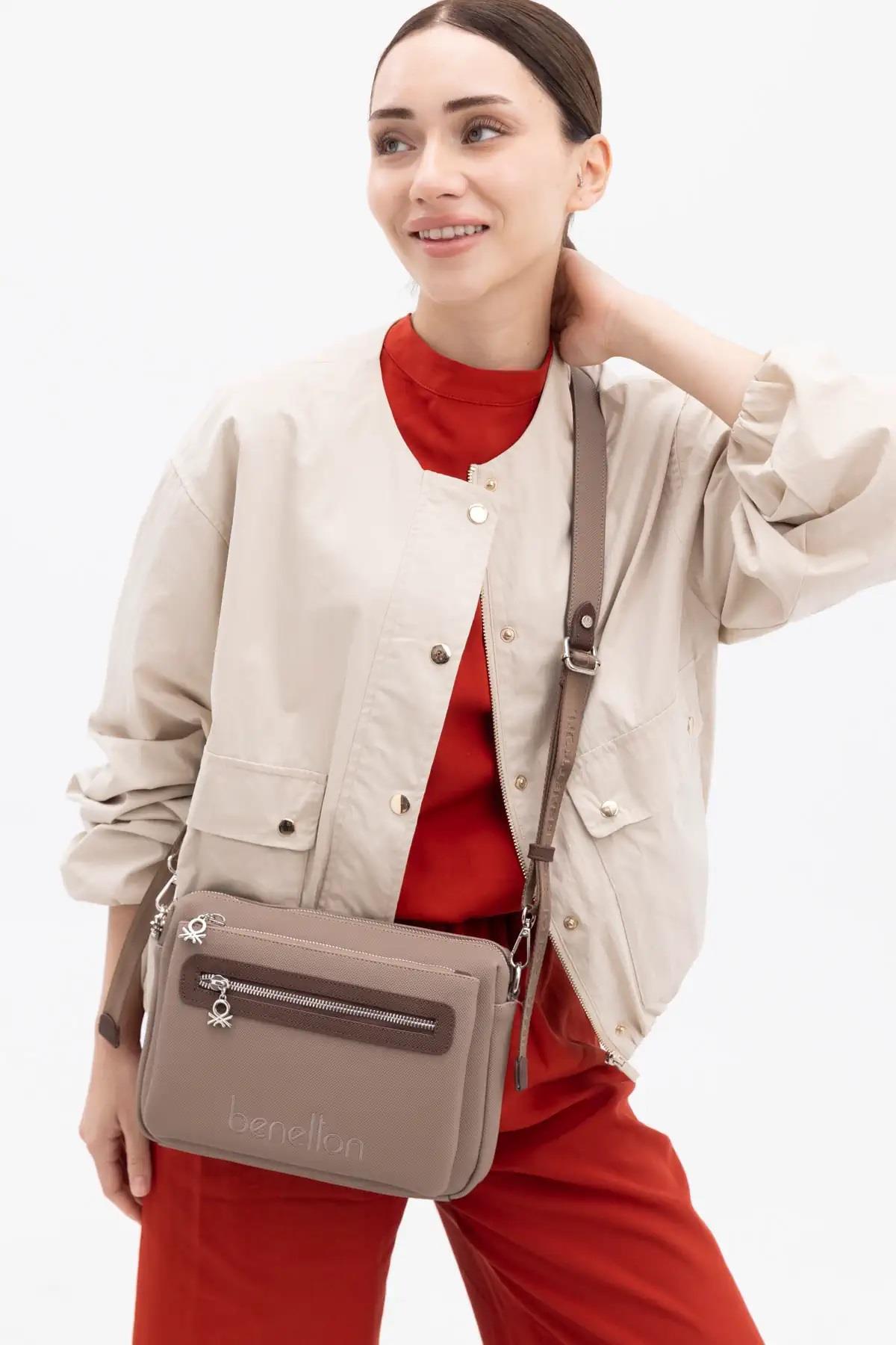 Benetton 1437 Vizon Kahve Baskılı Çarpraz Bayan Çanta