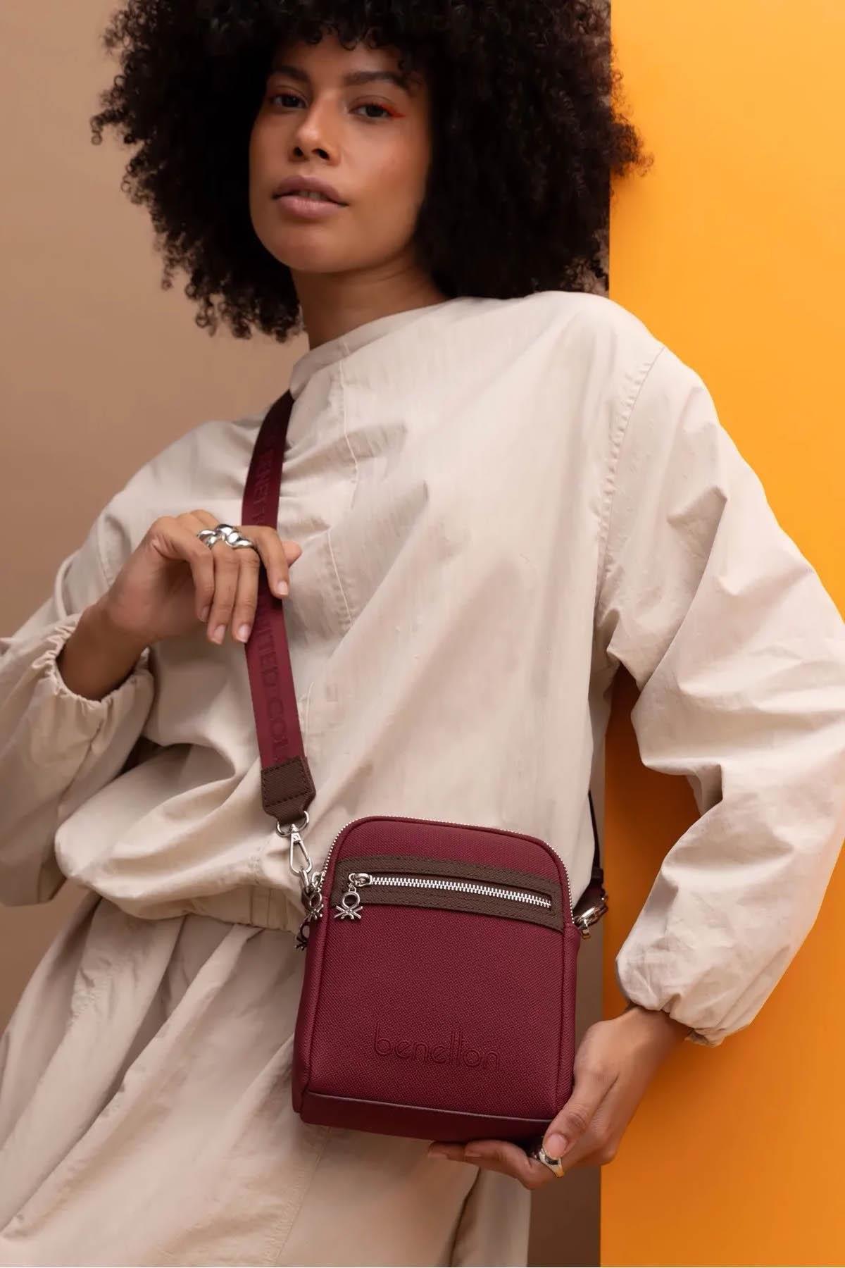 Benetton 1440 Bordo Kahve Baskılı Çarpraz Bayan Çanta