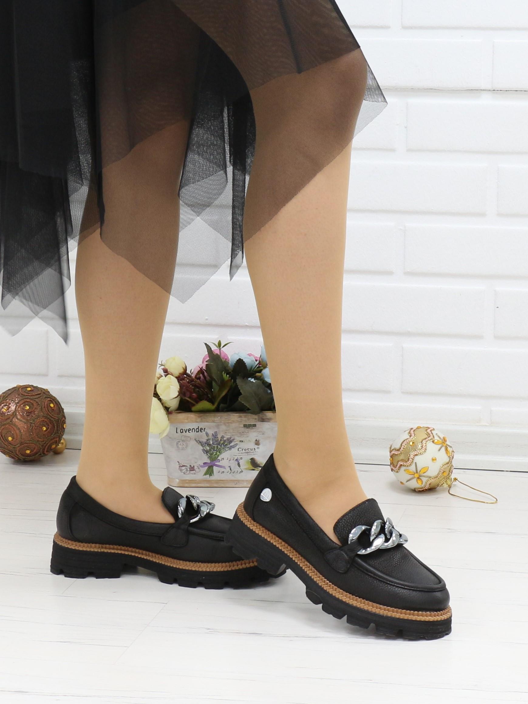 Mammamia D24KA 3185 Siyah Nubuk Hakiki Deri Zincirli Kadın Ayakkabı