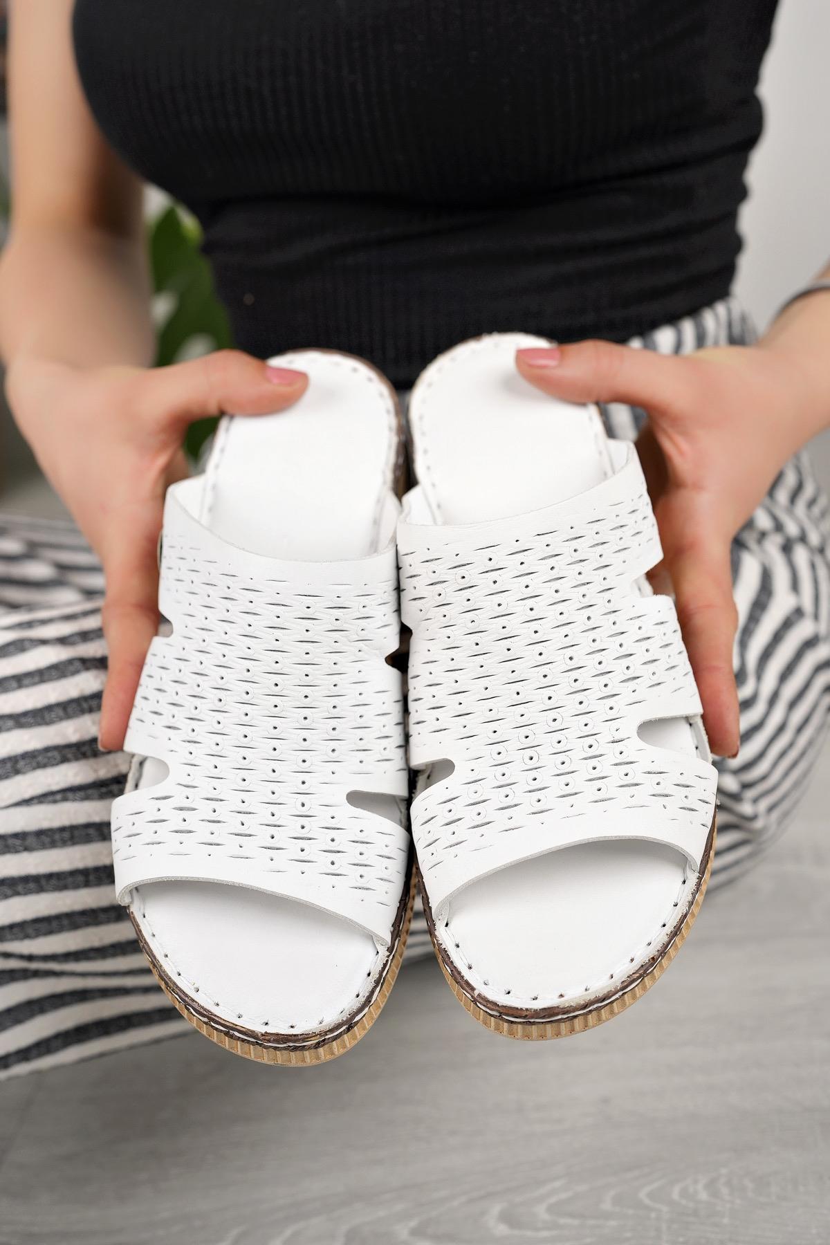 Mammamia D24YT 2335 Beyaz Hakiki Deri Kadın Dolgu Terlik