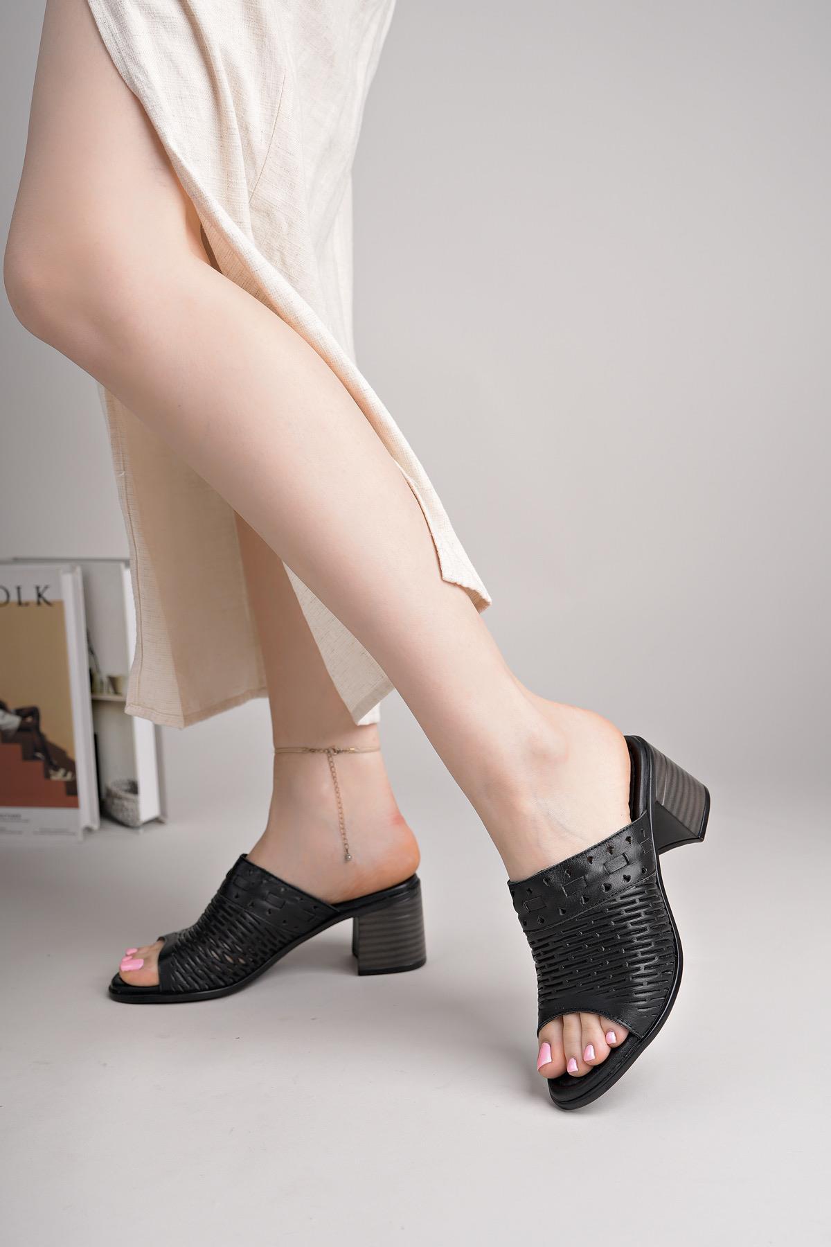 MyShoes 2060 Siyah Hakiki Soft Deri Topuklu Kadın Terlik