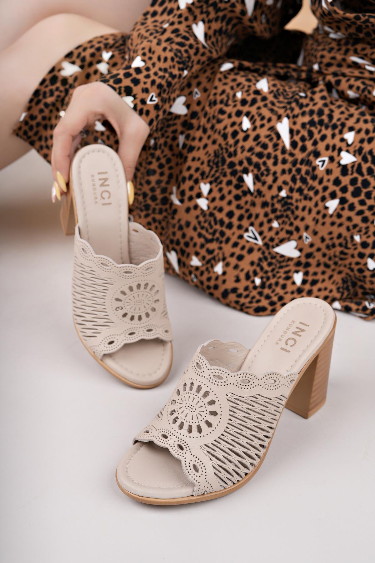 MyShoes 2200 Bej Hakiki Soft Deri Kadın Topuklu Terlik