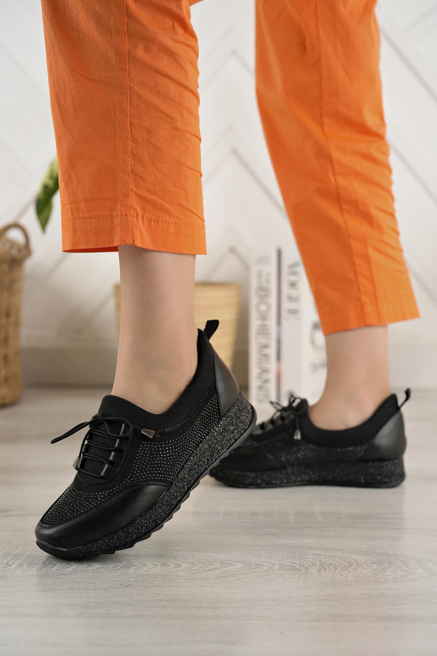 Nesil Shoes Acr 15 Siyah Taşlı Strech Kadın Ayakkabı