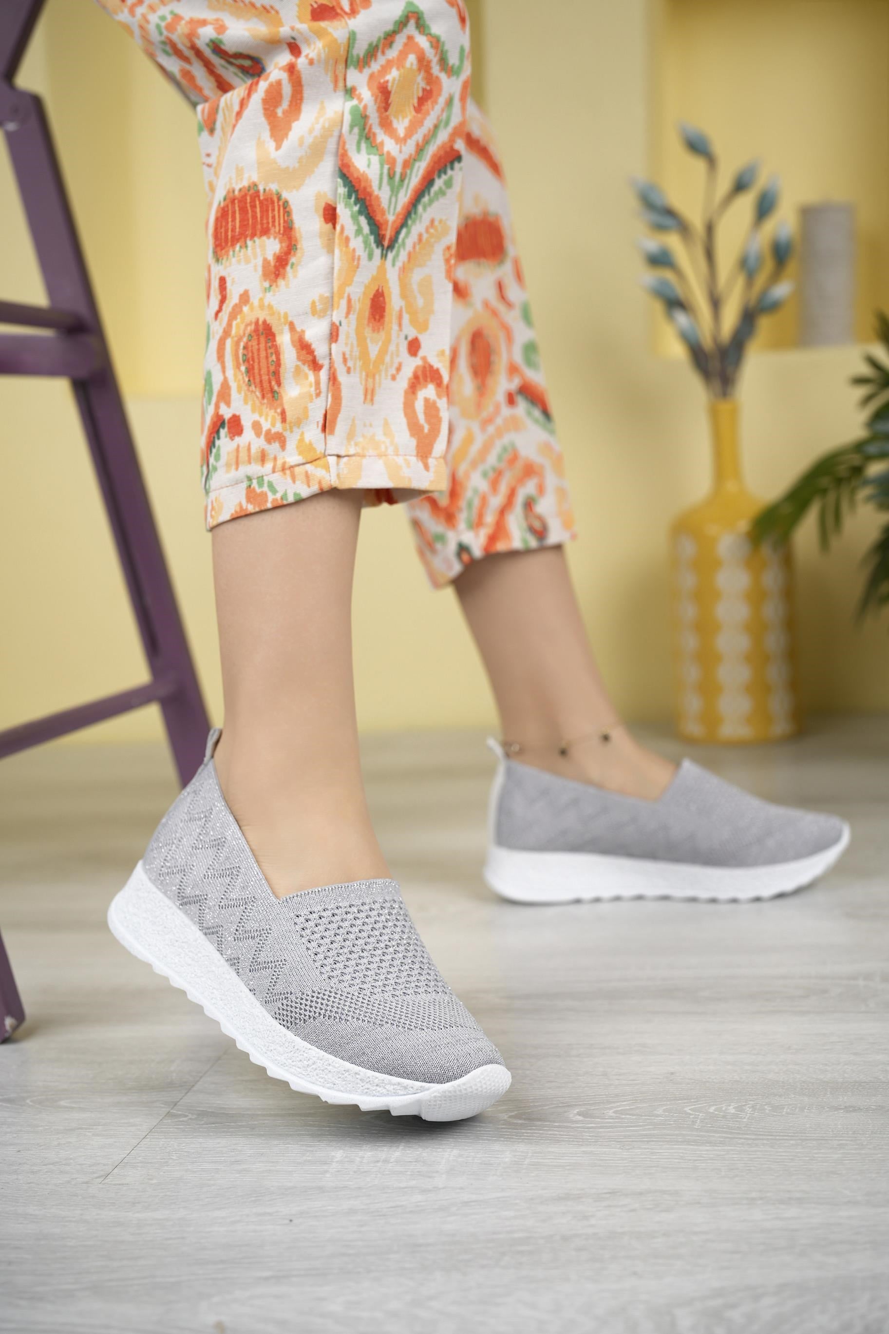 Nesil Shoes Aky 055 Gri Simli Triko Yazlık Kadın Ayakkabı