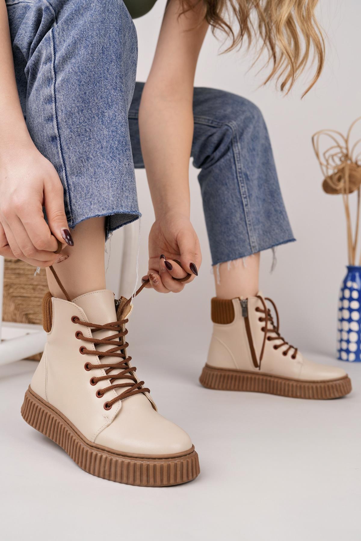 Nesil Shoes Ermod 401 Bej Taba Kadın Postal Bot