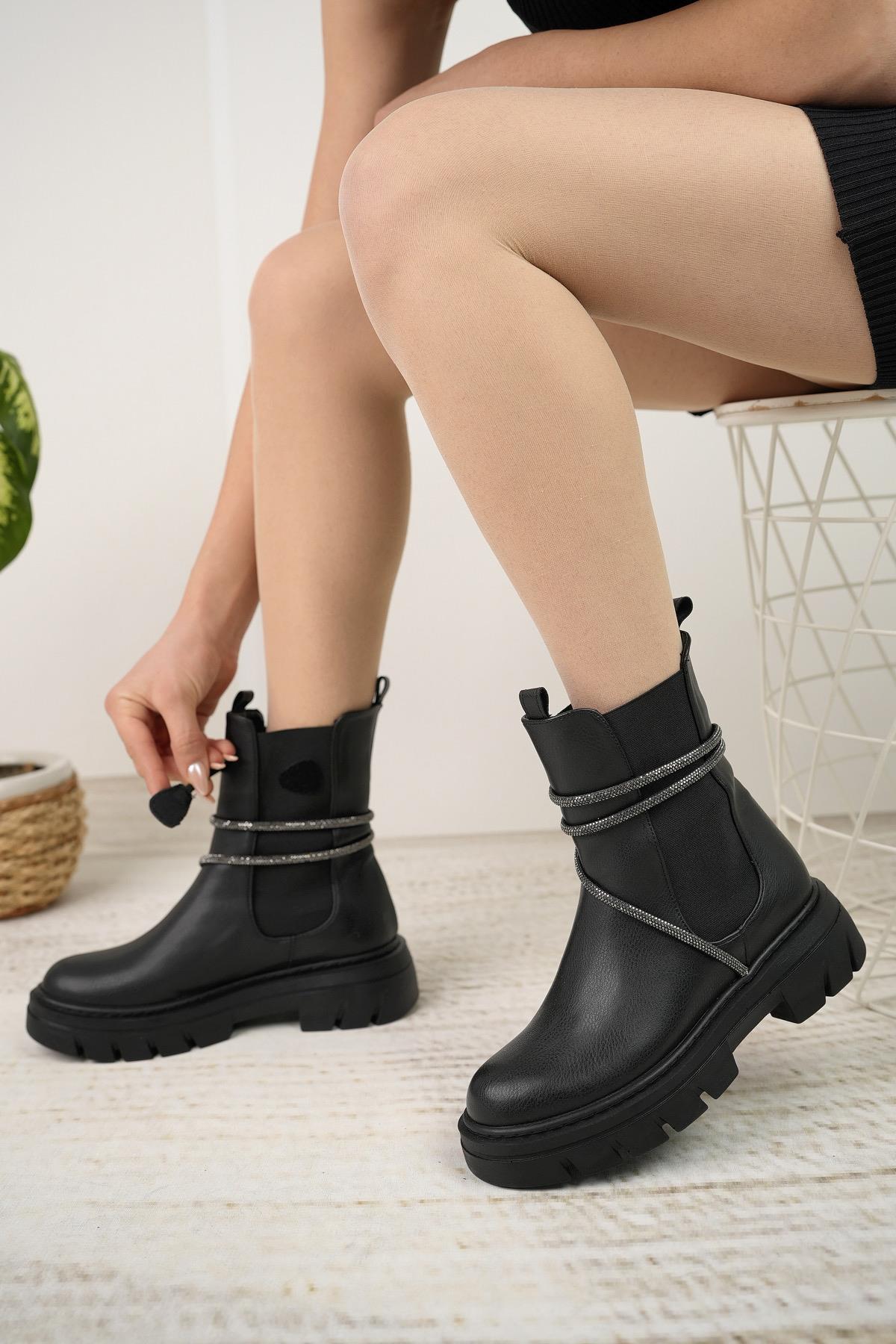 Nesil Shoes Fncy 205 Siyah Çift Lastikli Kadın Bot