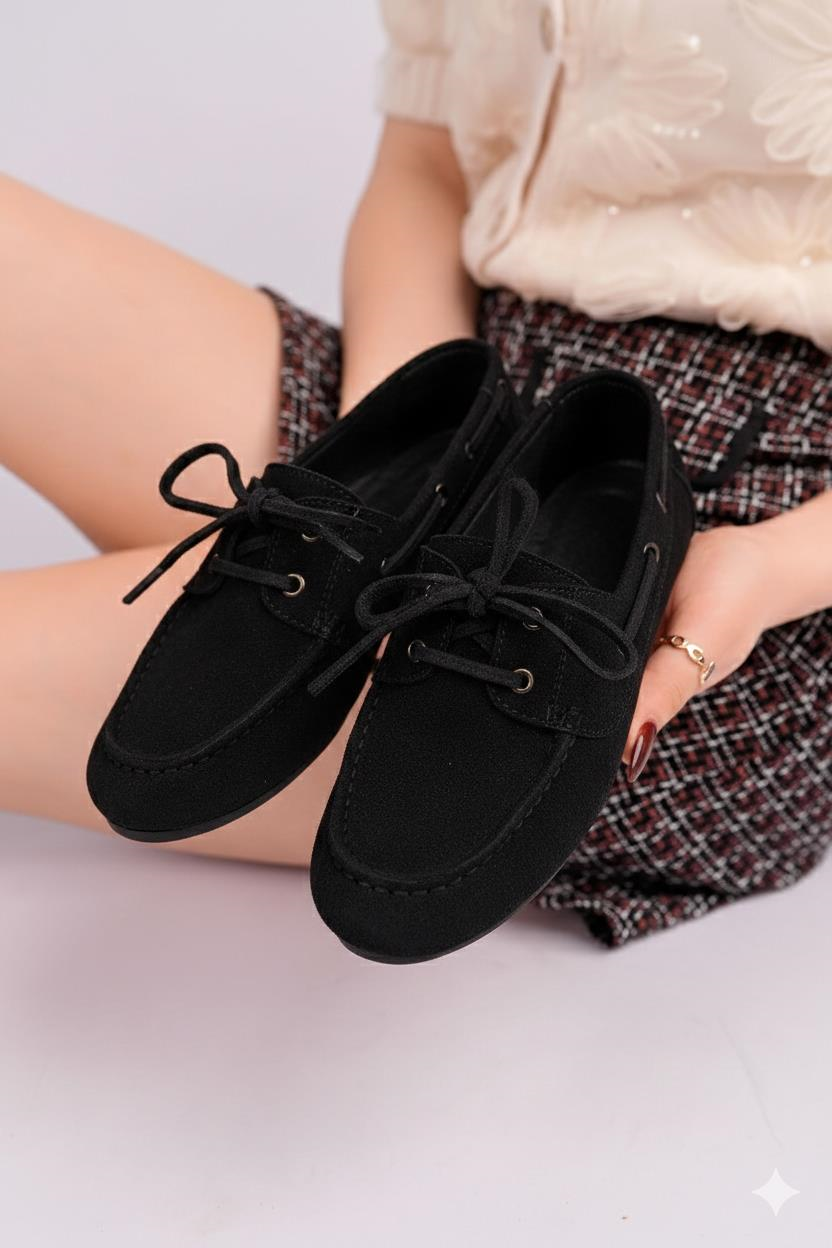 Nesil Shoes Gabbel 300 Siyah Süet Bağcıklı Kadın Babet