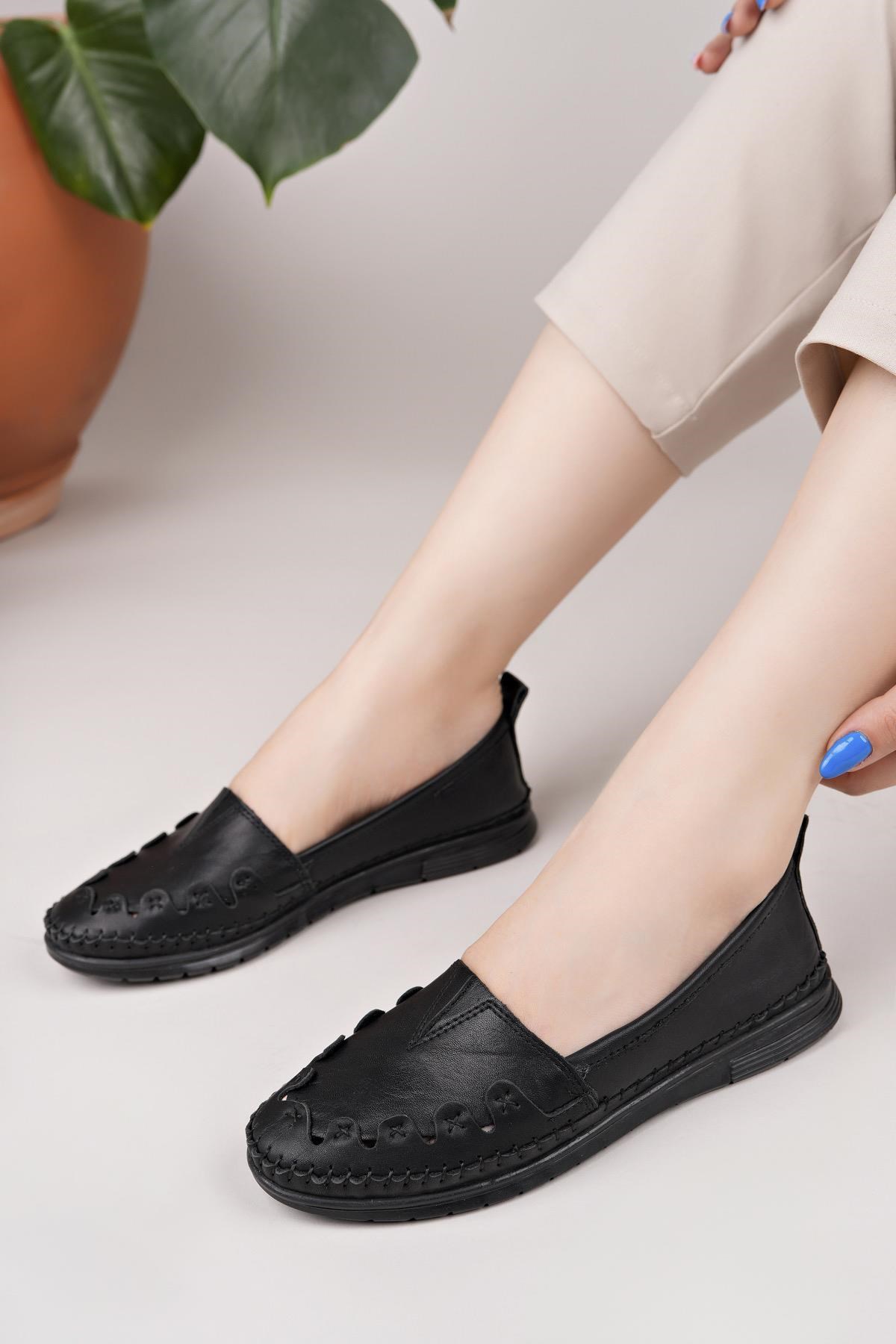 Nesil Shoes Knc 022 Siyah Hakiki Soft Deri Kadın Ayakkabı
