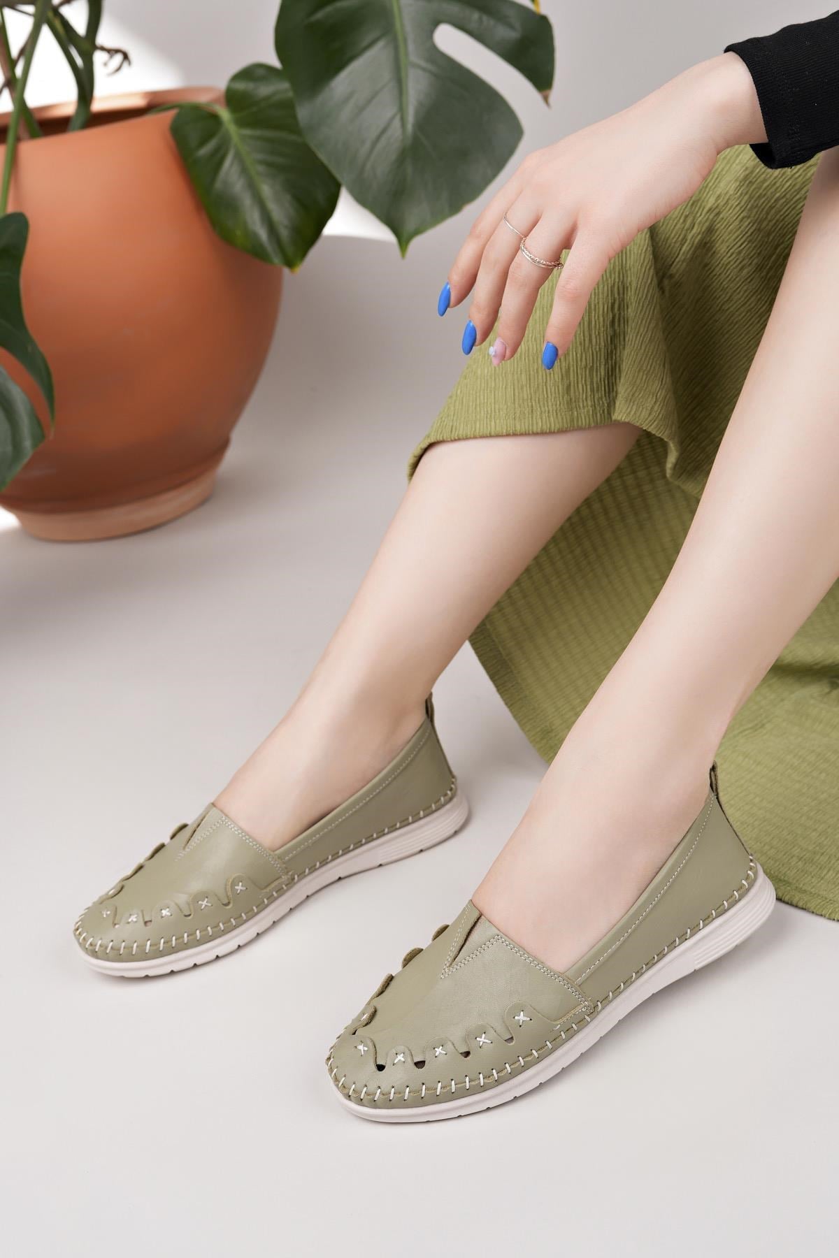 Nesil Shoes Knc 022 Yeşil Hakiki Soft Deri Kadın Ayakkabı