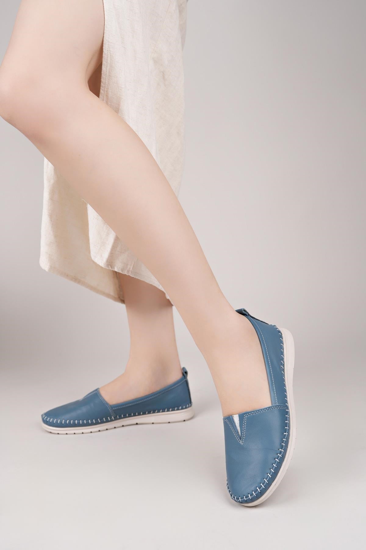 Nesil Shoes Knc 033 Mavi Hakiki Soft Deri Kadın Ayakkabı