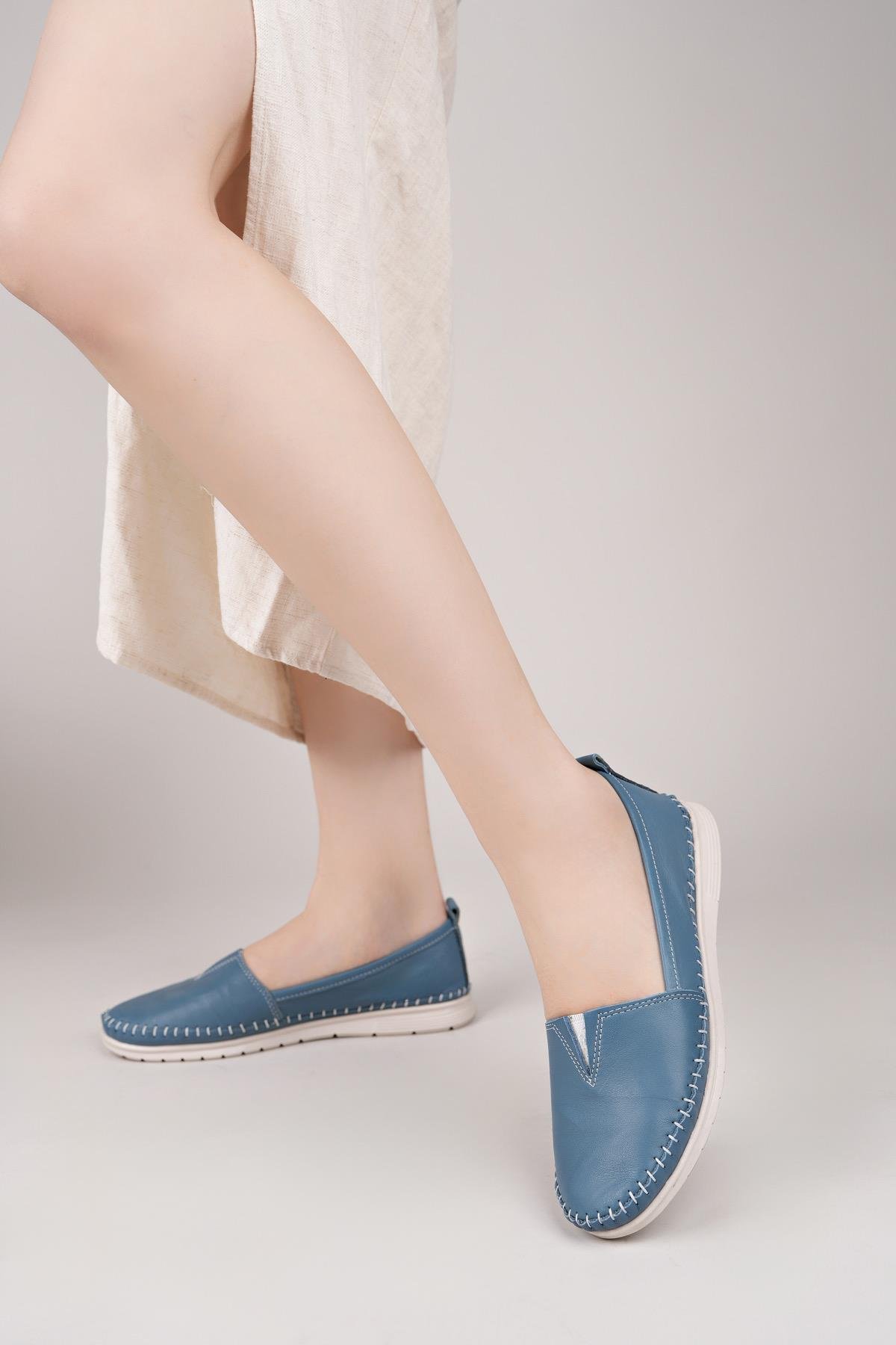 Nesil Shoes Knc 033 Mavi Hakiki Soft Deri Kadın Ayakkabı