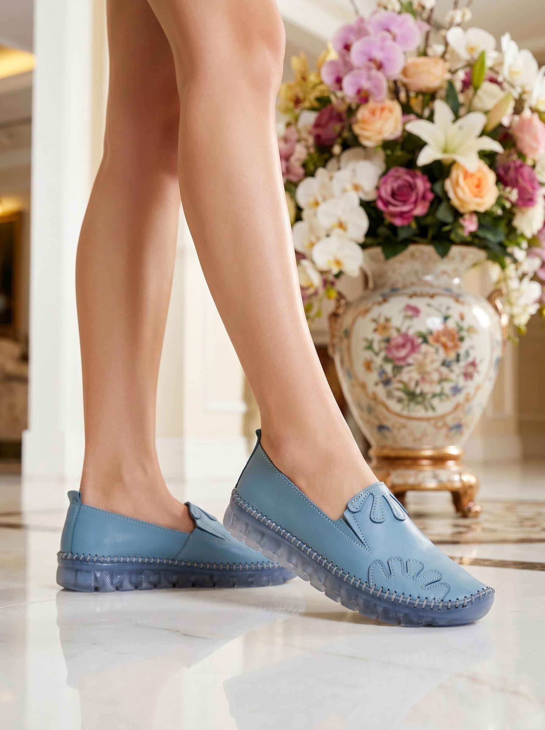 Nesil Shoes Knc 10 Mavi Hakiki Deri Şeffaf Taban Kadın Ayakkabı