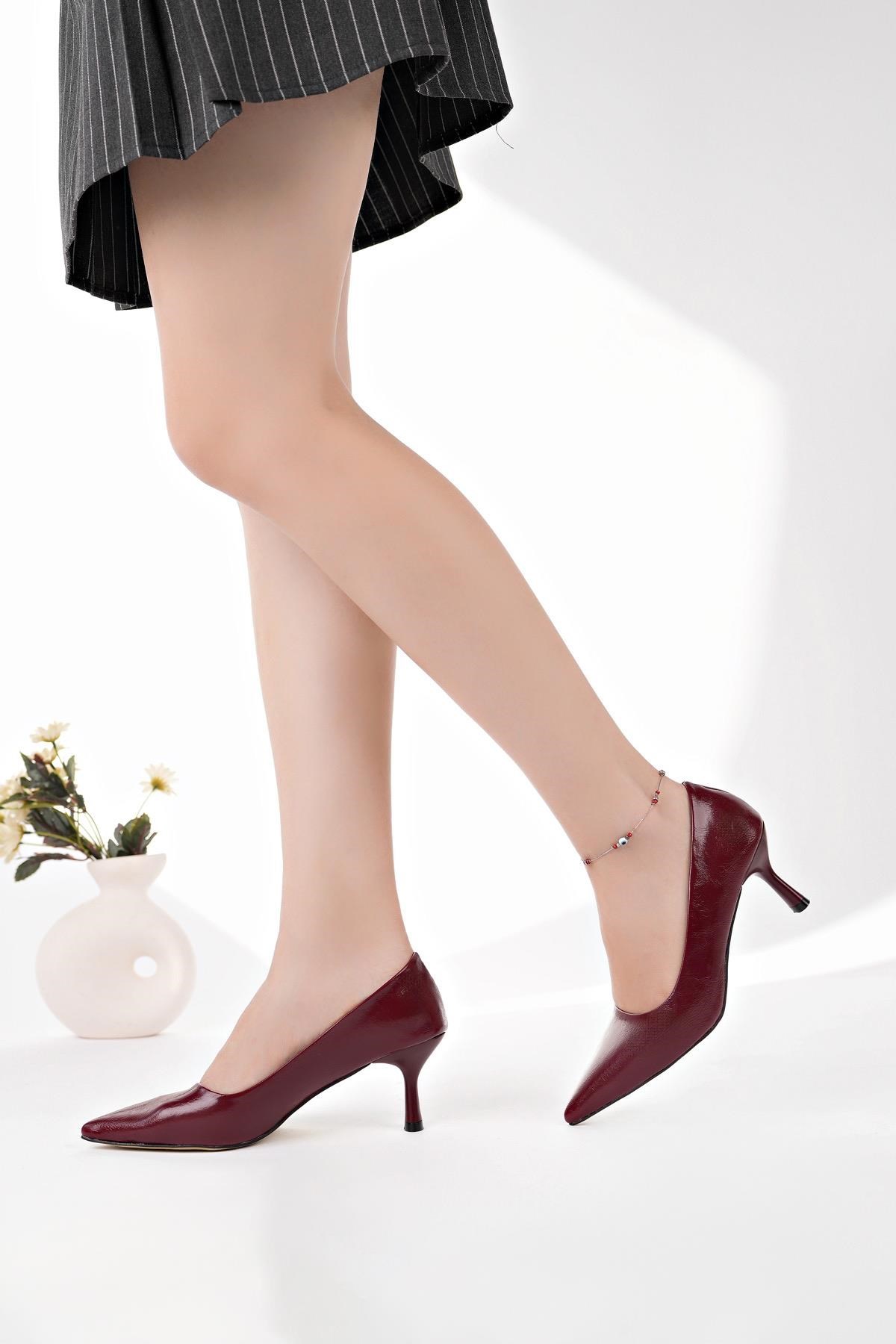 Nesil Shoes Senyo K50 Bordo Rugan Baskı Topuklu Kadın Ayakkabı