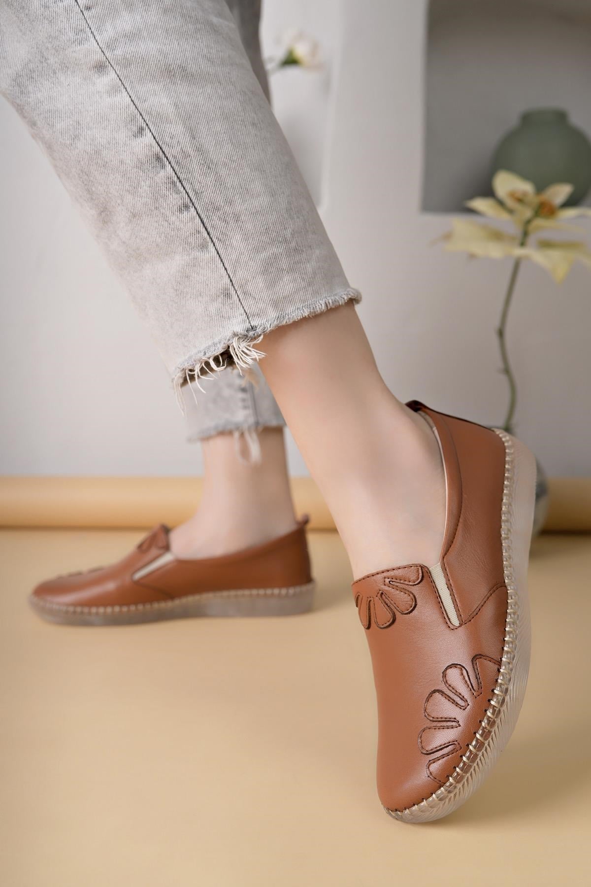 Nesil Shoes Syg P74 Taba Hakiki Deri Şeffaf Taban Kadın Ayakkabı