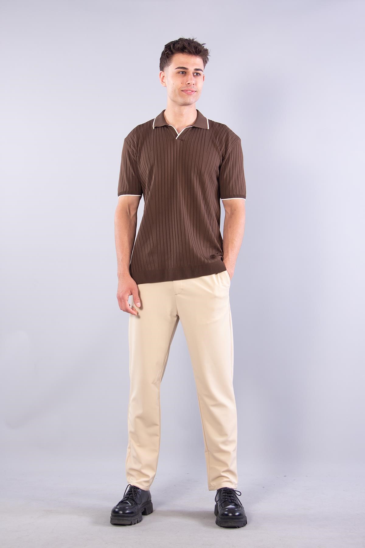 10020 Polo Yaka Kol Ve Yaka Çizgili Kendinden Şeritli T-shirt