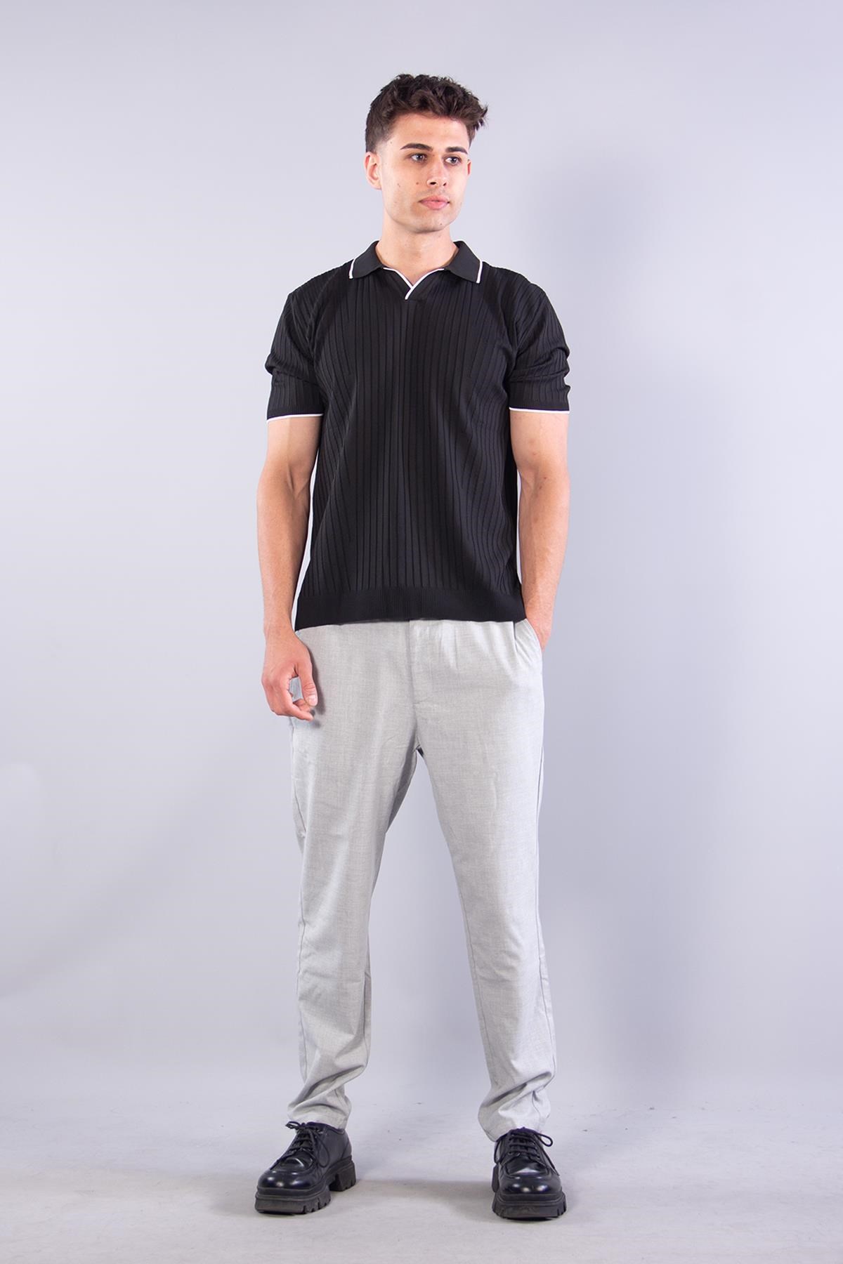 10020 Polo Yaka Kol Ve Yaka Çizgili Kendinden Şeritli T-shirt