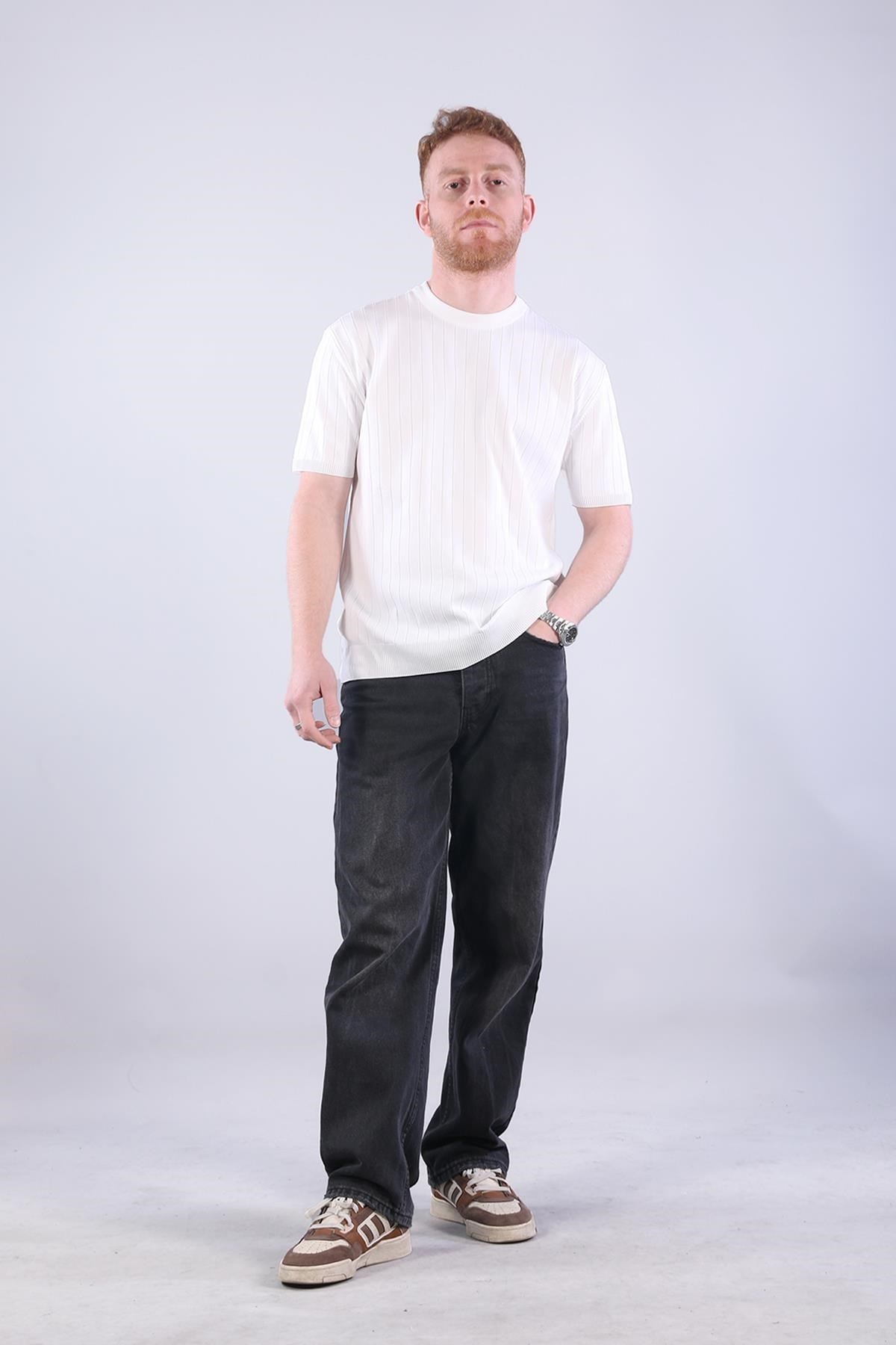 10027 Bisiklet Yaka Triko Fitilli T-shirt