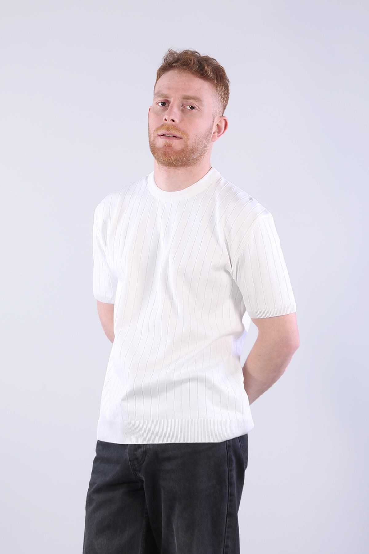 10027 Bisiklet Yaka Triko Fitilli T-shirt