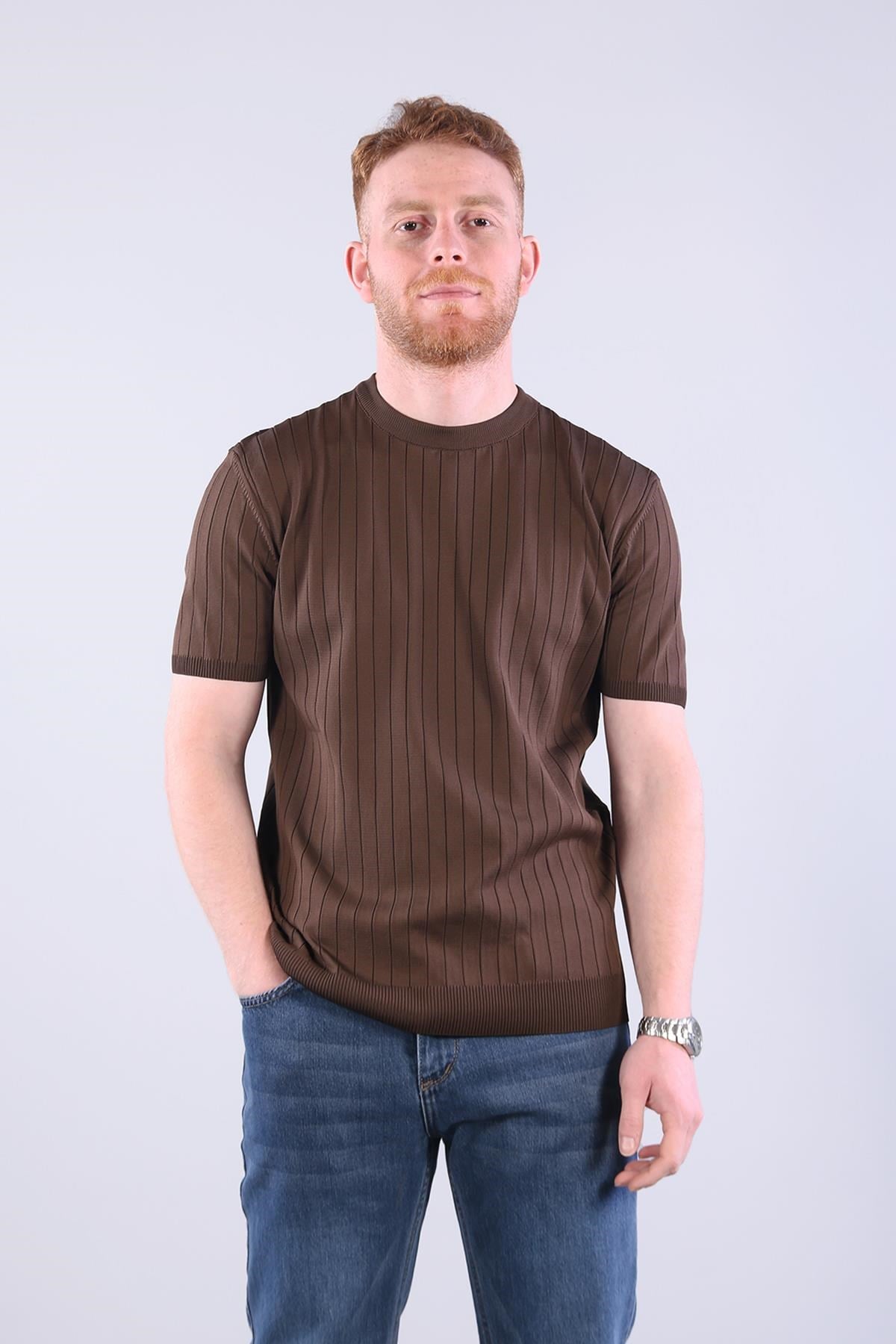 10027 Bisiklet Yaka Triko Fitilli T-shirt