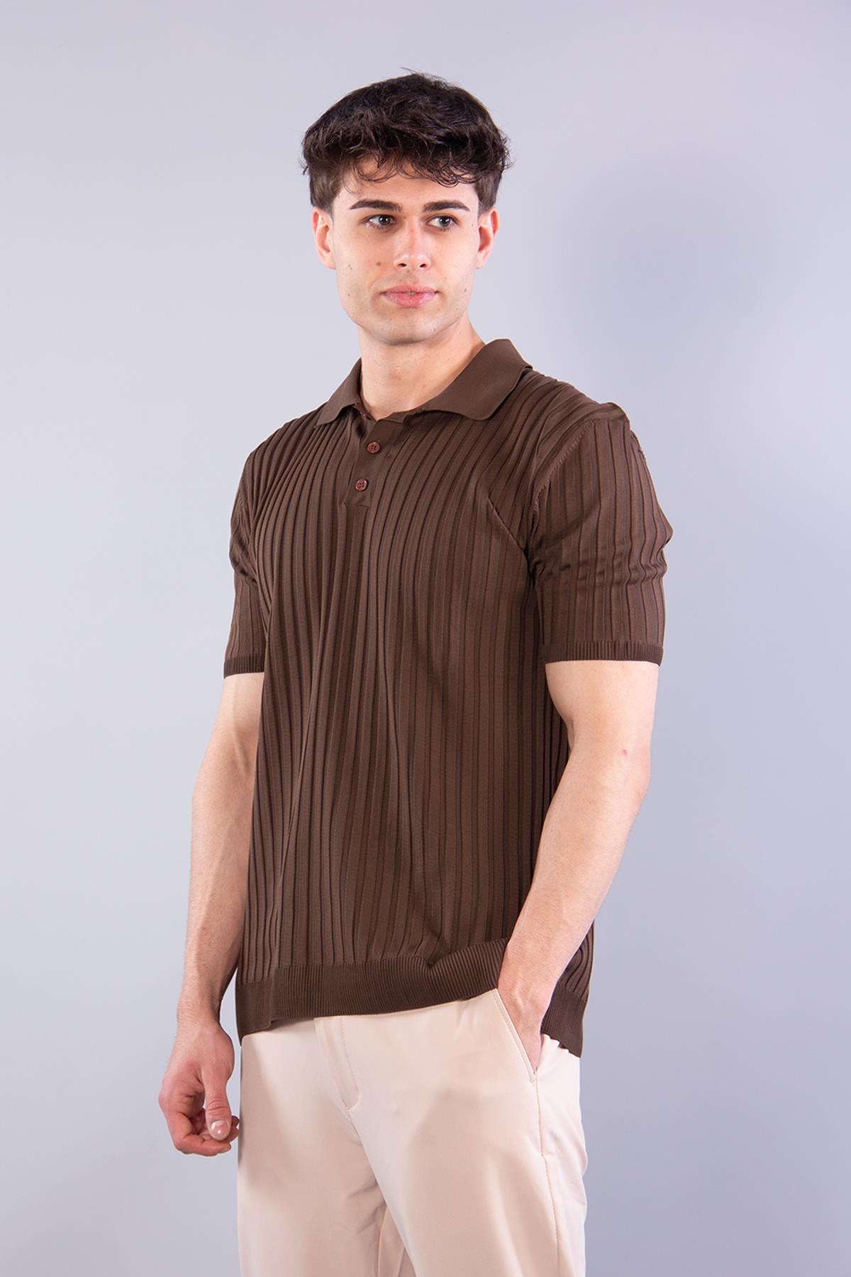 10028 Polo Yaka Düğmeli Fitilli Triko T-shirt