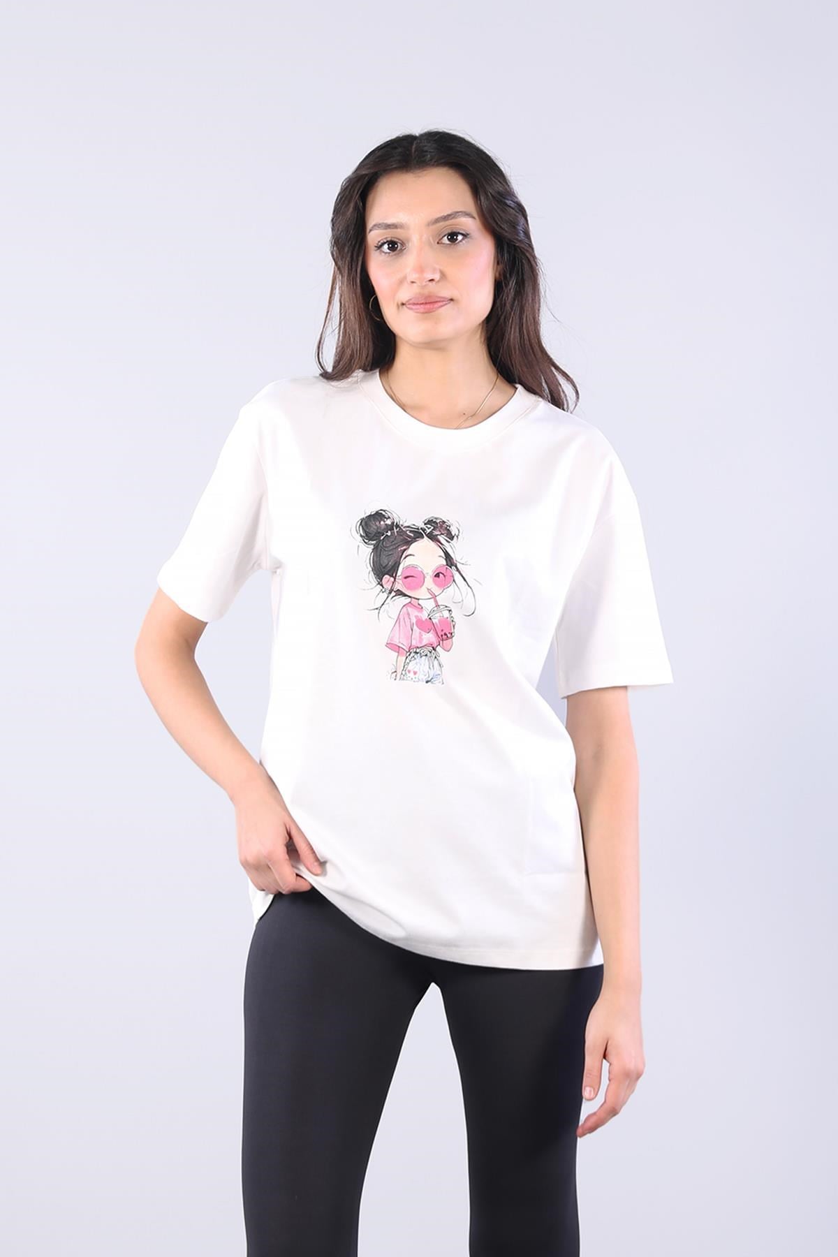 10866 Kız Baskılı O Yaka T-shirt
