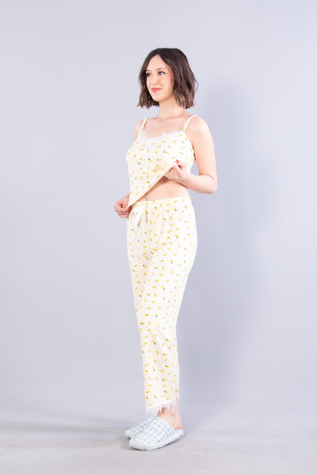 13923 Milan İp Askılı Uzun Alt Limon Baskılı Pijama Takımı