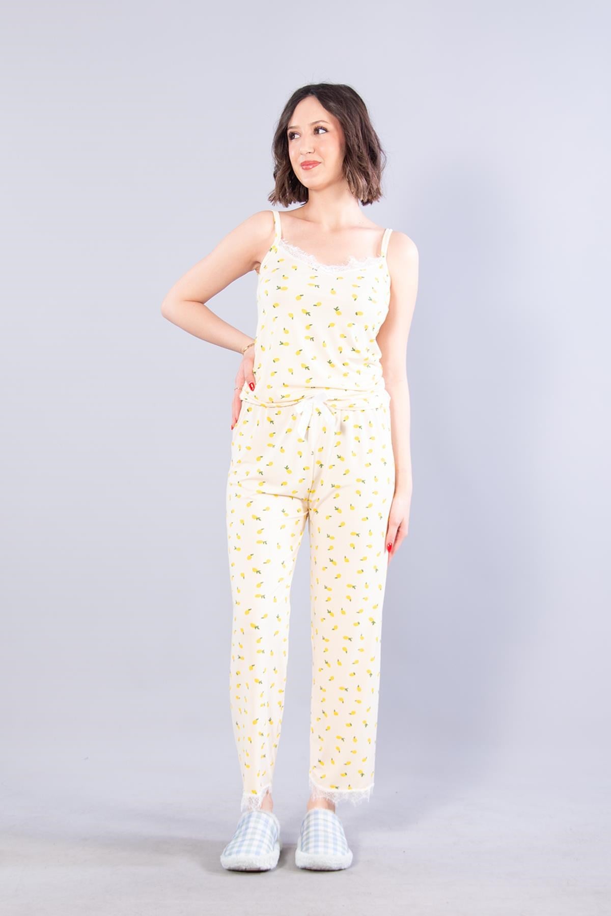 13923 Milan İp Askılı Uzun Alt Limon Baskılı Pijama Takımı
