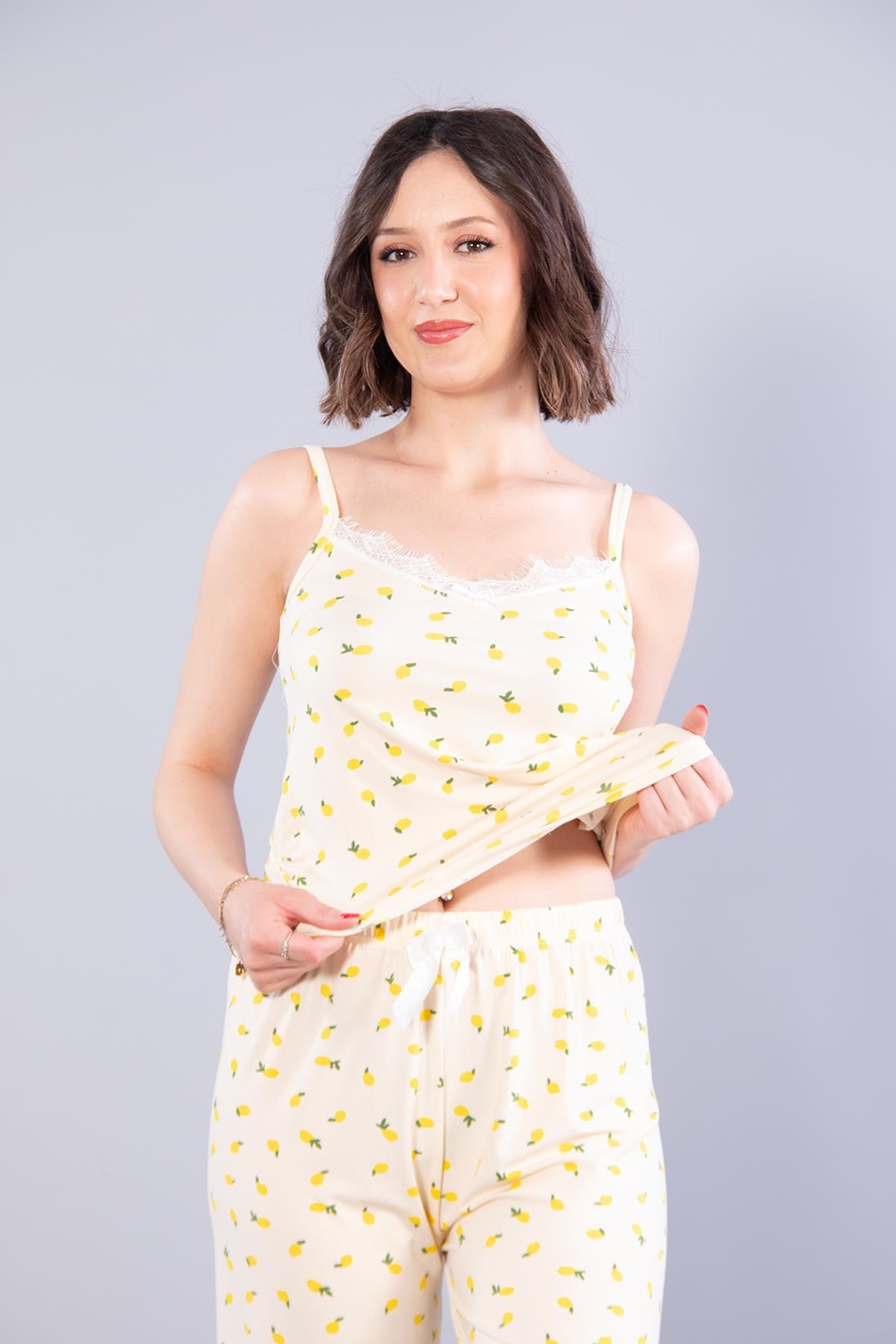 13923 Milan İp Askılı Uzun Alt Limon Baskılı Pijama Takımı