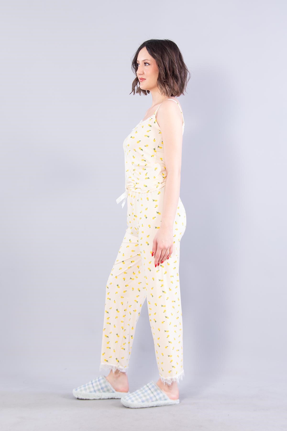 13923 Milan İp Askılı Uzun Alt Limon Baskılı Pijama Takımı