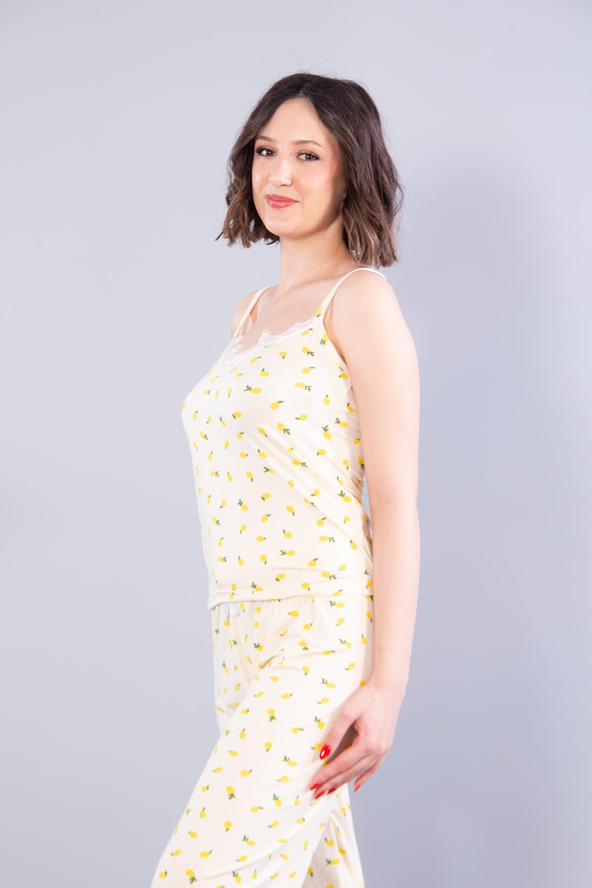 13923 Milan İp Askılı Uzun Alt Limon Baskılı Pijama Takımı