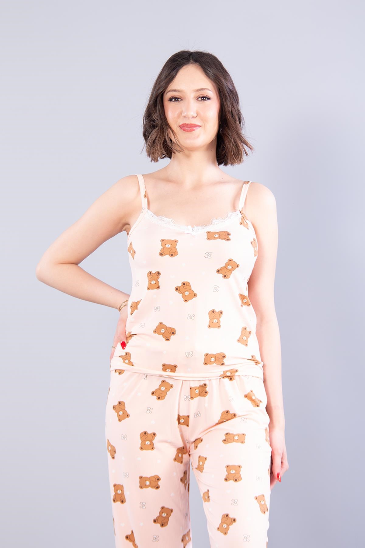 13924 Milan İp Askılı Uzun Alt Ayıcık Baskılı Pijama Takımı