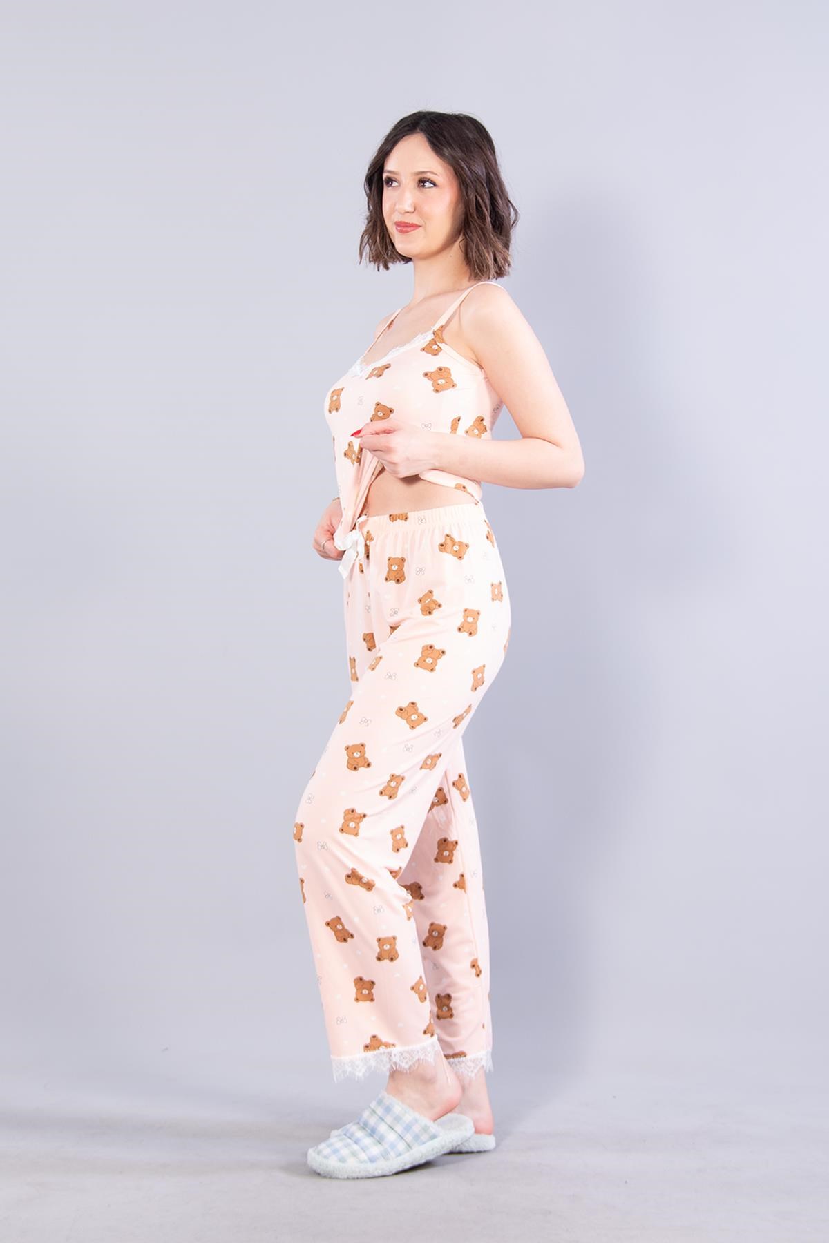 13924 Milan İp Askılı Uzun Alt Ayıcık Baskılı Pijama Takımı