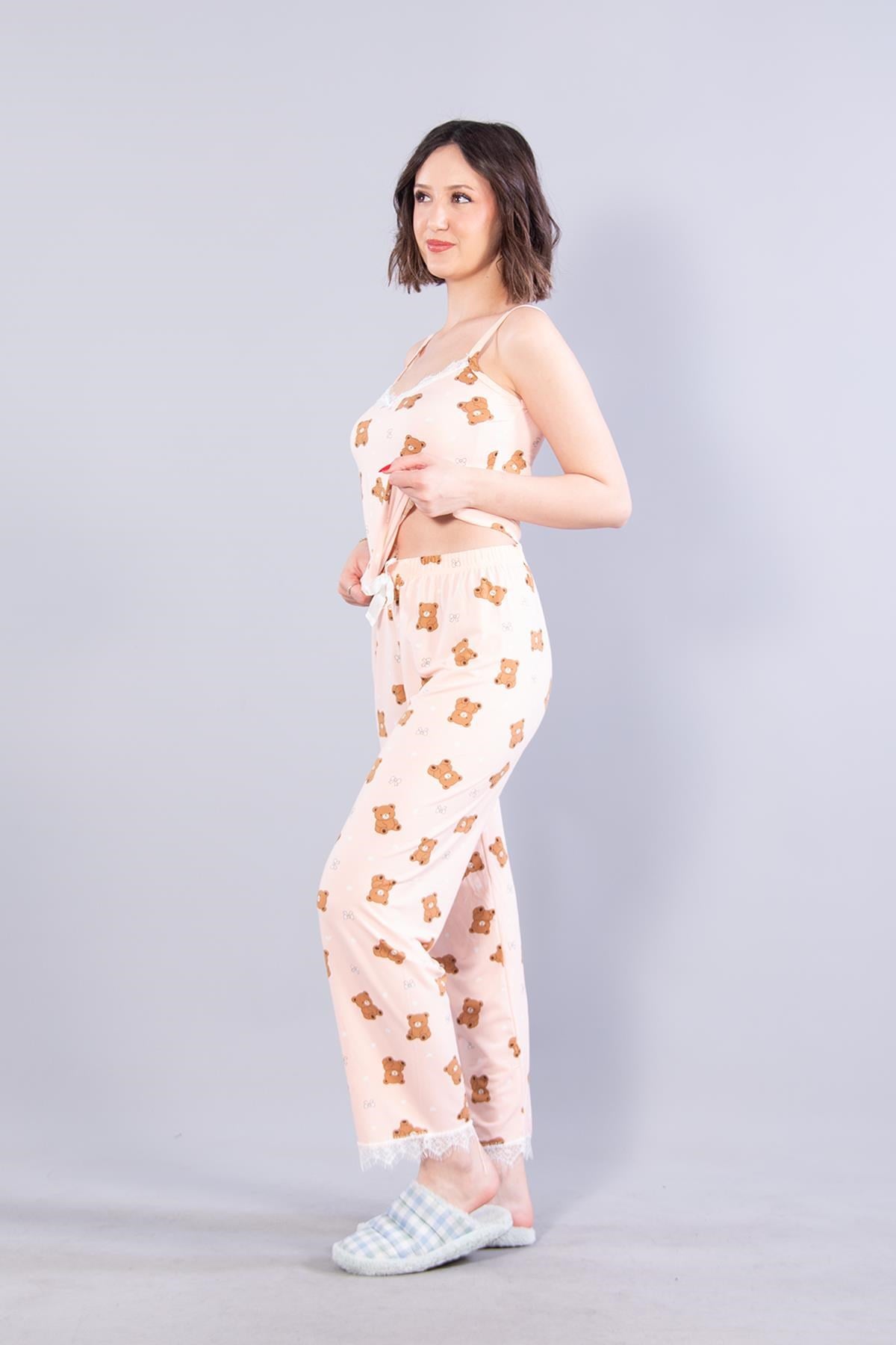 13924 Milan İp Askılı Uzun Alt Ayıcık Baskılı Pijama Takımı