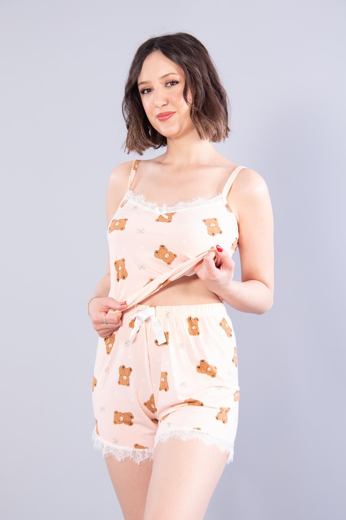14065 Milan İp Askılı Şortlu Ayıcık Baskılı Pijama Takımı